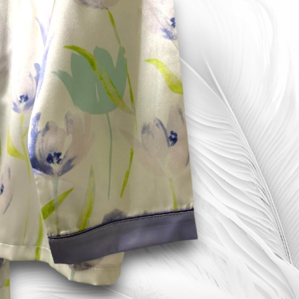 Women’s Satin Pajama Set L – Floral Print Button Top & Pants (Light Purple/Blue) - Picture 7 of 9